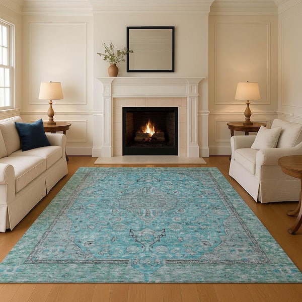 Mayfield Premium Machine Washable Abstract AMF1651 Aqua 5 ft. x 7 ft. 6 in. Area Rug