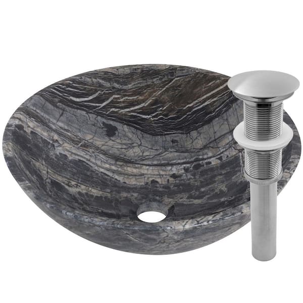 Novatto Stone Vessel Sink in Black Lunar Marble with Umbrella Drain in Brushed Nickel