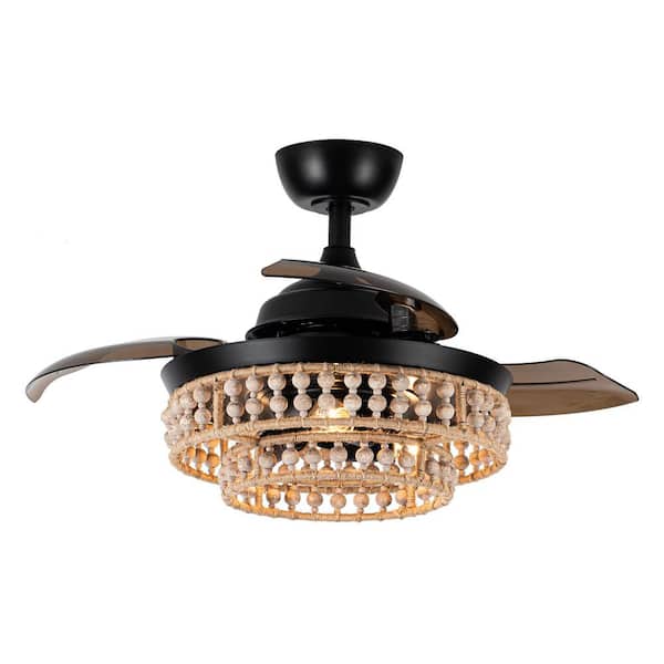 Parrot Uncle 36 in. Matte Black Retractable 3-Blade Wood Beads Ceiling Fan Chandelier with Remote Control and Light Kit
