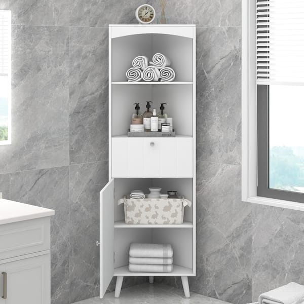Dropship White Bathroom Storage Cabinet With Shelf Narrow Corner