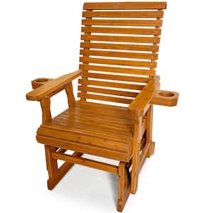 35.8 in. Width 1-Person Brown Solid Fir Wood Outdoor Glider with High Back Deep Contoured Seat and Cupholders