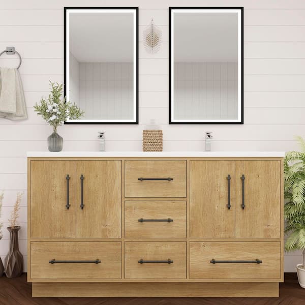 BV Better Vanity Victoria 59 in. W x 20 in. D x 35 in. H Double Sink Freestanding Bath Vanity in Oak with White Acrylic Top