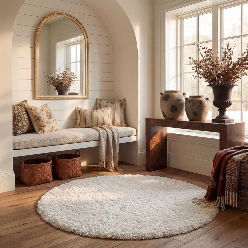 SAFAVIEH Milan Shag 5 ft. x 5 ft. Ivory Round Solid Area Rug SG180
