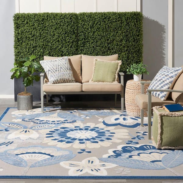 Aloha Blue/Gray 9 ft. x 12 ft. Floral Contemporary Indoor/Outdoor Patio Area Rug