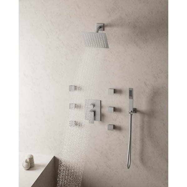 10 in. 3-Spray Wall Mount Dual Shower Head and Handheld Shower with 6-Jets in Brushed Nickel (Valve Included)