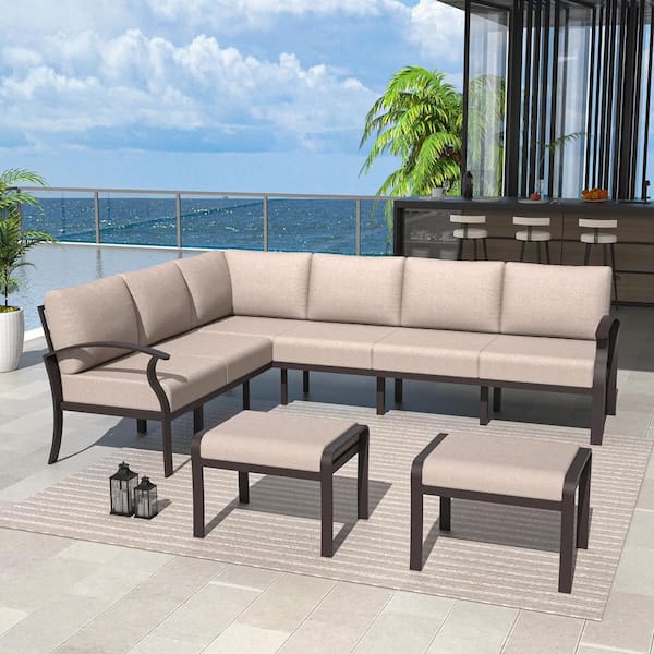 Halmuz 8-Seat Black Aluminum Outdoor Patio Conversation Sectional Setwith Armrest, Ottoman and Cushion Sand
