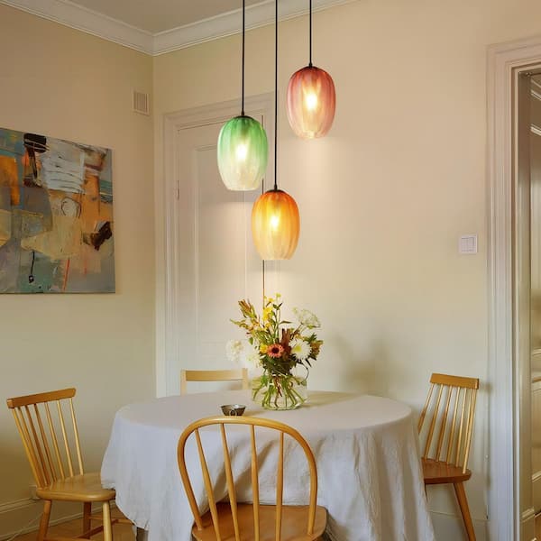 Worton 3-Light Modern Black Cylinder Colored Textured Gradient Glass Pendant Light for Kitchen Island or Stairway