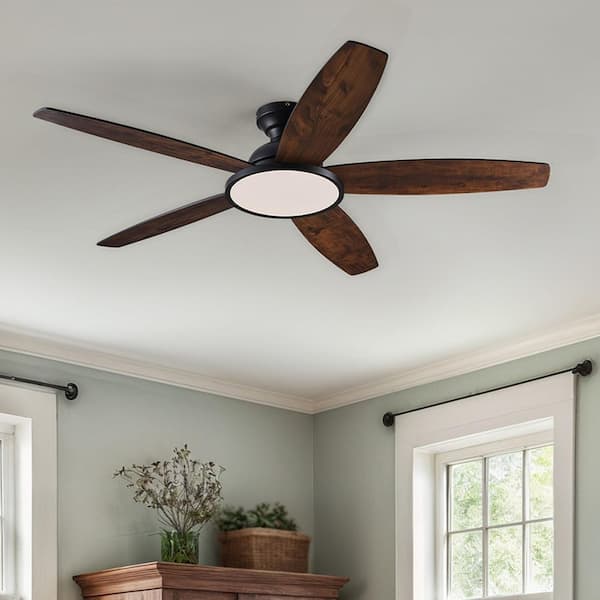 52 in. Indoor Black Dark Walnut Low Profile Flush Mount Standard Ceiling Fan with 3CCT LED Integrated Light and Remote
