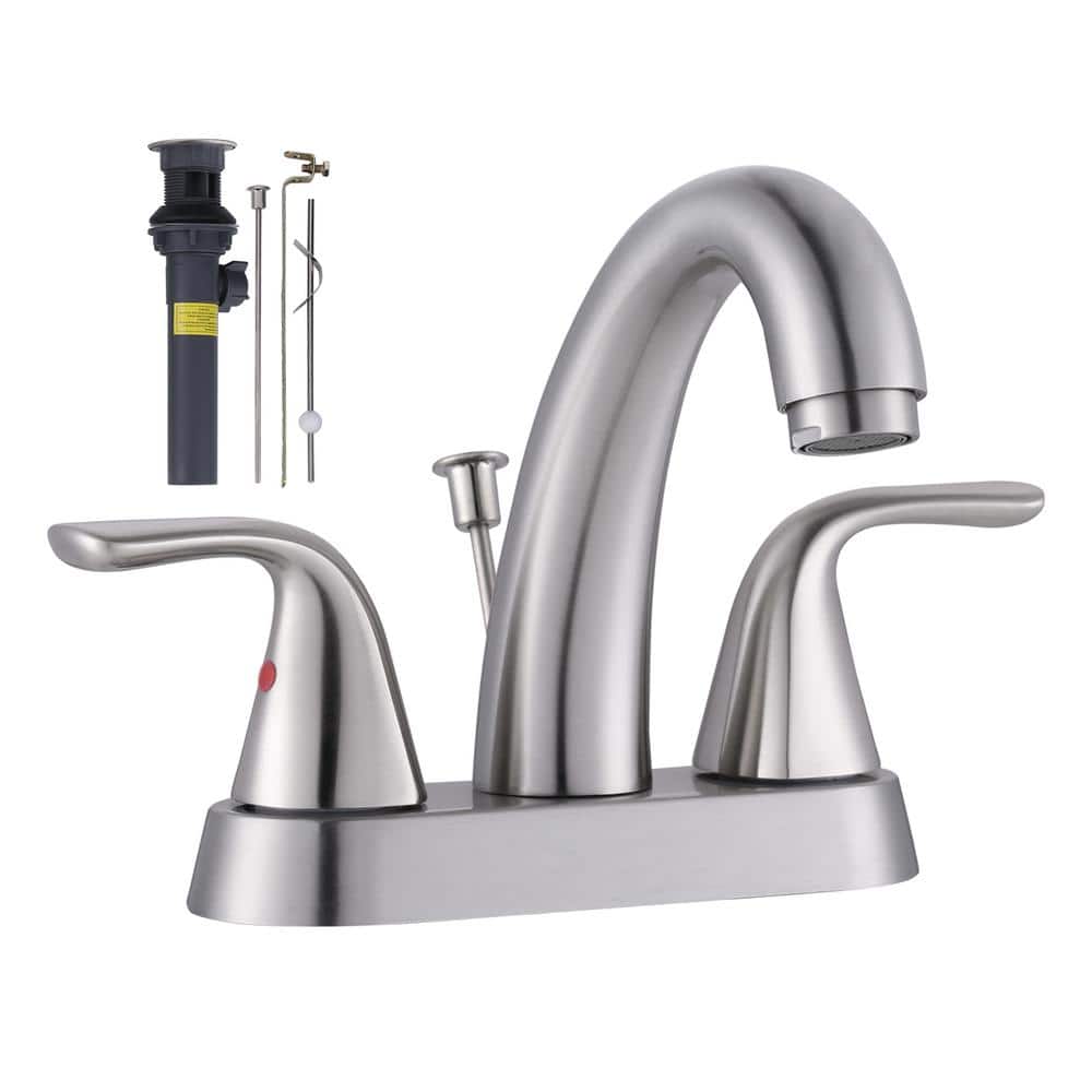 4 in. Centerset Double Handle Low Arc Bathroom Faucet with Drain and Supply Line Included in Brushed Nickel price history on PriceWatchPro