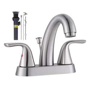 4 in. Centerset Double Handle Low Arc Bathroom Faucet with Drain and Supply Line Included in Brushed Nickel