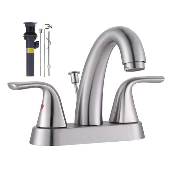 ARCORA 4 in. Centerset Double Handle Low Arc Bathroom Faucet with Drain and Supply Line Included in Brushed Nickel