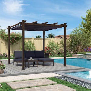 10 ft. x 10 ft. Bronze Aluminum Frame Morden Pergola with Navy Blue Retractable Sun Shade Canopy for Garden Grill