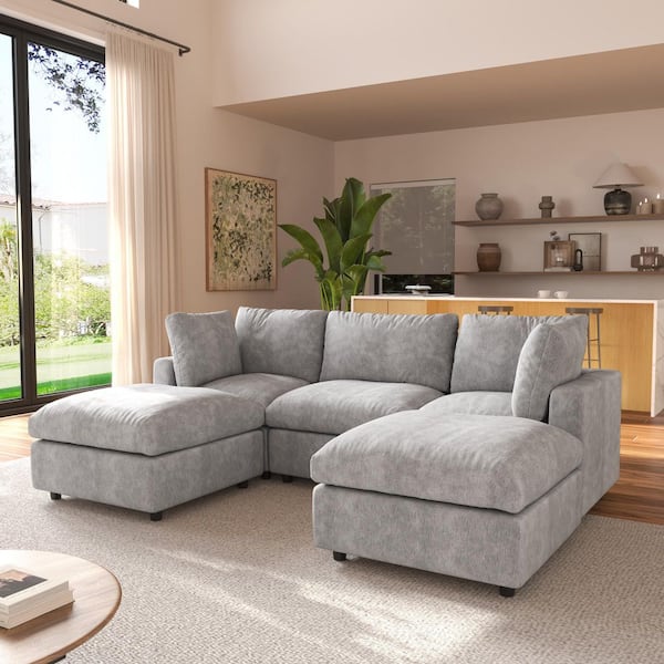 J&E Home 100.5 in. Square Arm Chenille 5-piece Modular Sectional Sofa Free Combination with Ottoman and Removable Covers in Gray