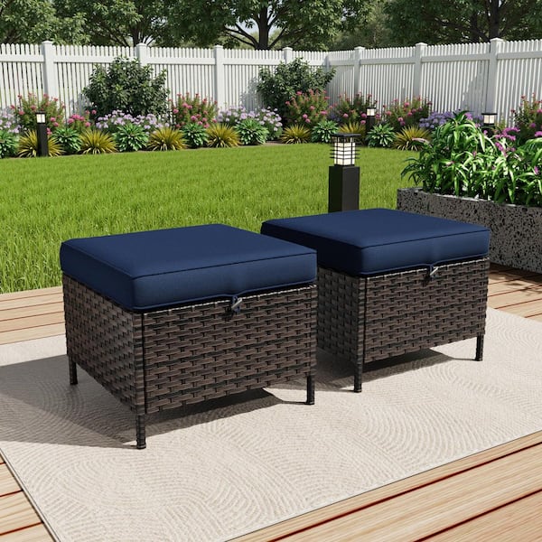 Brown Wicker Outdoor Patio Ottoman with Blue Cushions (Set of 2)