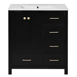 30 in. W x 18.3 in. D x 33.8 in. H Single Sink Freestanding Bath Vanity in Black with White Resin Top and Storage