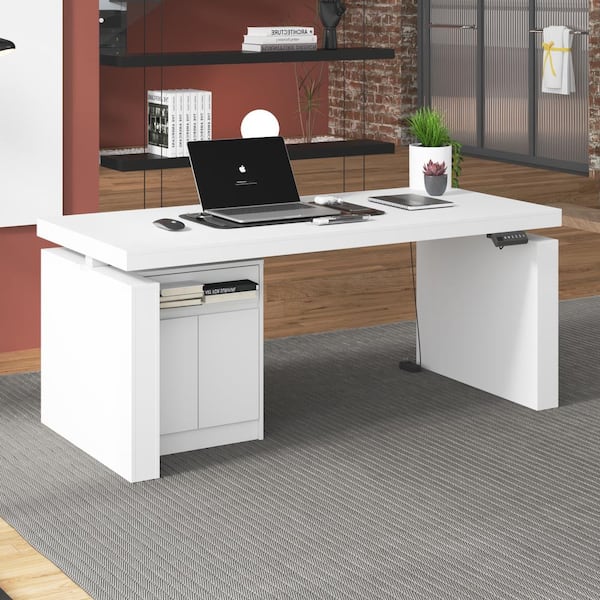 FUFU&GAGA 70.9 in. W L- Shaped White Wood Adjustable Height Computer Desk Office Ergonomic Writing Desk Memory Preset Controller