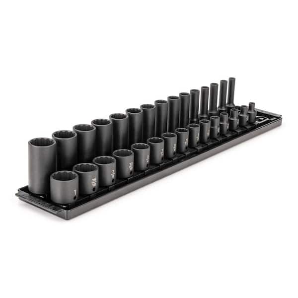 TEKTON 3/8 in. Drive 12-Point Impact Socket Set with Rails (1/4 in.-1 in.) (30-Piece)