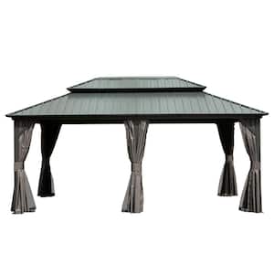 12 ft. x 18 ft. Gray Outdoor Aluminum Hardtop Gazebo with Mosquito Netting and Polyester Curtains
