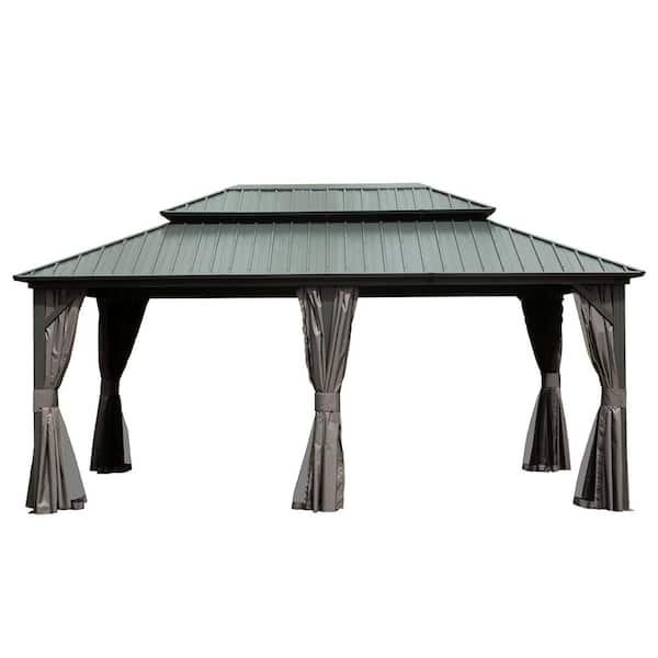 domi outdoor living 12 ft. x 18 ft. Gray Outdoor Aluminum Hardtop Gazebo with Mosquito Netting and Polyester Curtains