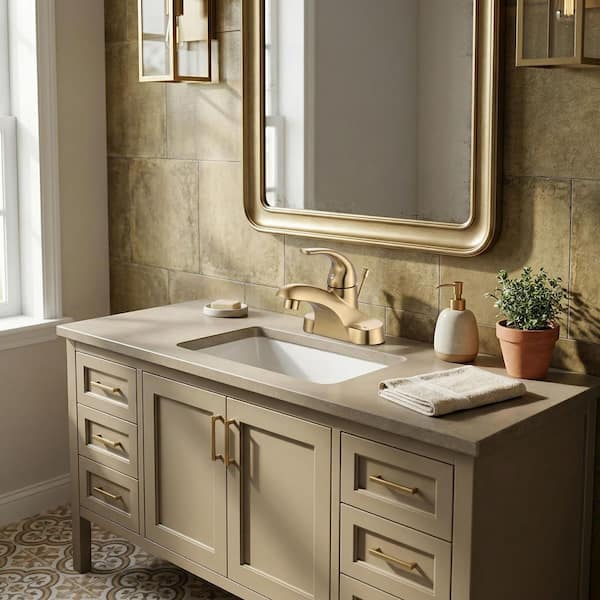 Modern 4 in. Centerset Low Arc Single Handle Bathroom Faucet with Lift Rod Drain Kit in Brushed Gold