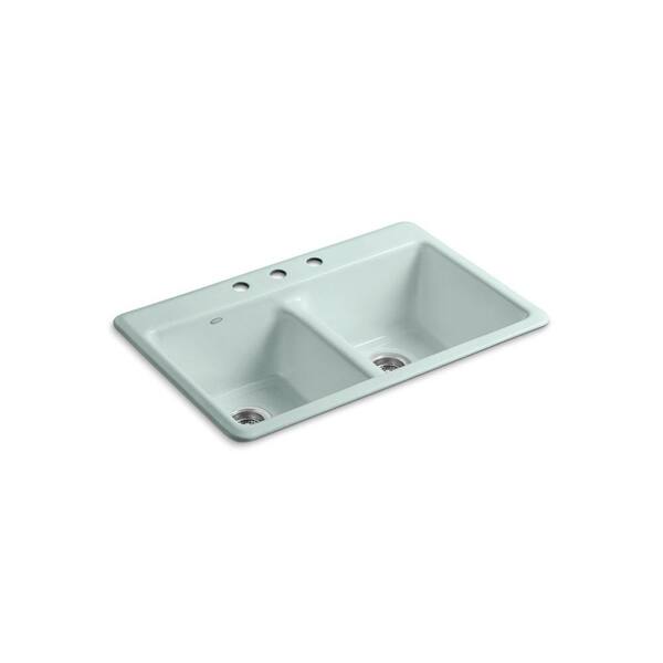 KOHLER Anthem Drop-In Cast Iron 33.in 3-Hole Double Bowl Kitchen Sink in Frost-DISCONTINUED