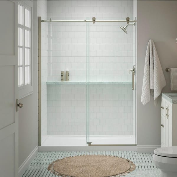 KOHLER Cursiva 56-60 in. W x 78 in. H Sliding Frameless Shower Door in Anodized Brushed Nickel
