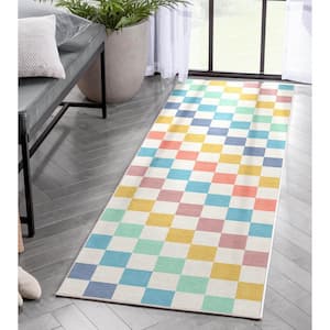 Multi Blue 2 ft. 3 in. x 7 ft. 3 in. Runner Flat-Weave Apollo Square Modern Geometric Boxes Area Rug