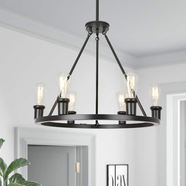 6-Light Farmhouse Matte Black Wagon Wheel Rustic Dry Rated Chandelier