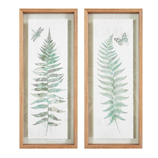 Unbranded Dimensional Fern 2-Piece Natural Wood Framed Glass Wall Art Print Set 24 in. x 10 in. for Home Decor