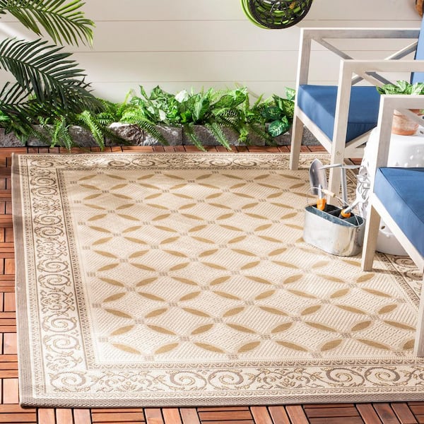 Courtyard Beige/Dark Beige 9 ft. x 12 ft. Border Indoor/Outdoor Patio  Area Rug