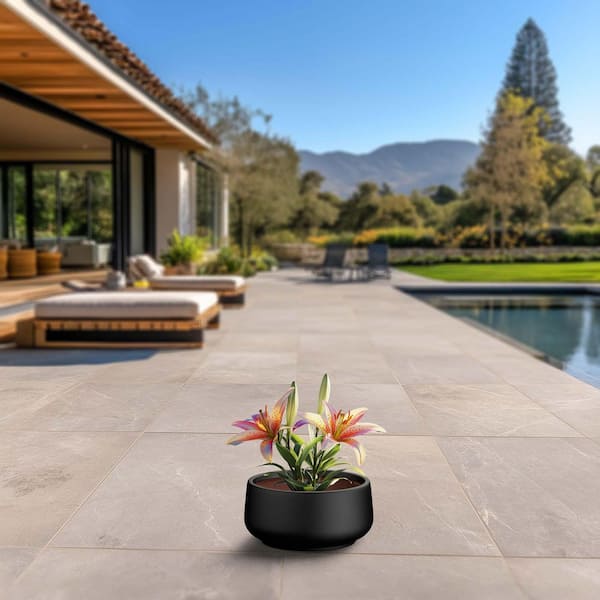 14.5 in. Small Charcoal Black (Enhanced Interior) Concrete Round Planter / Pot with Drainage Holes