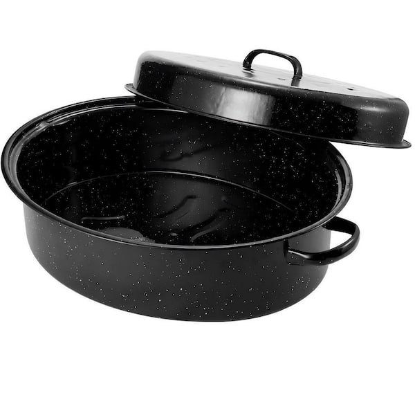 10 qt. Black Enameled Porcelain Roasting Pan with Domed Lid, Oval Turkey Roaster Pot, Broiler Pan for 18 lb. Turkey