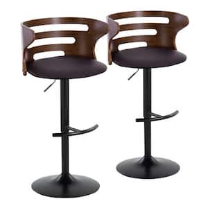 Cosi 32.25 in. Brown Faux Leather, Walnut Wood and Black Metal Adjustable Bar Stool with Rounded T Footrest (Set of 2)