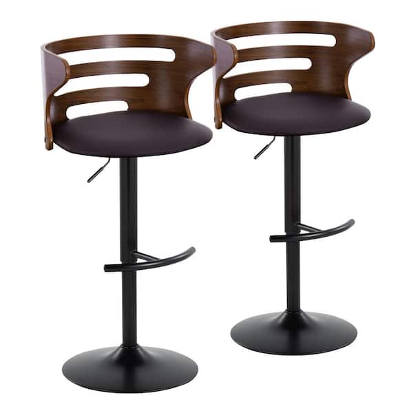 Lumisource Cosi 32.25 in. Brown Faux Leather, Walnut Wood and Black Metal Adjustable Bar Stool with Rounded T Footrest (Set of 2)