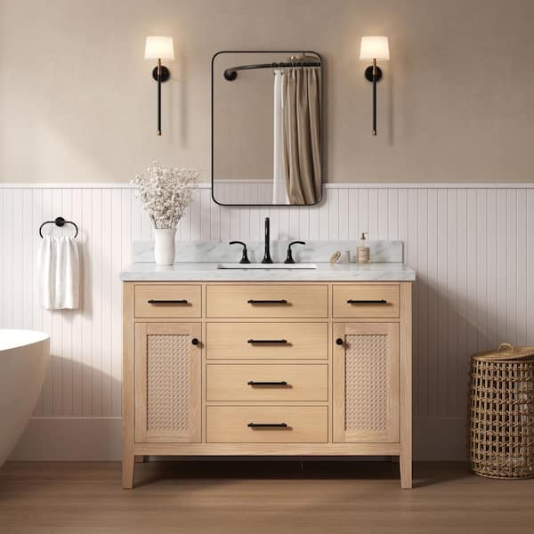 ARIEL Camila 49 in. W x 22 in. D x 36 in. H Single Sink Bath Vanity in White Oak with Italian Carrara Marble Top