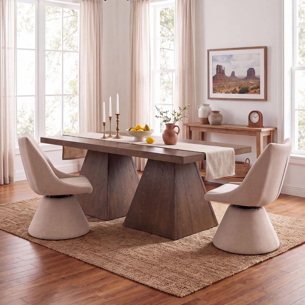 Modern Geometric Walnut Brown Wood 79.92 in. Rectangle Double Pedestal Base Dining Table Seats 6