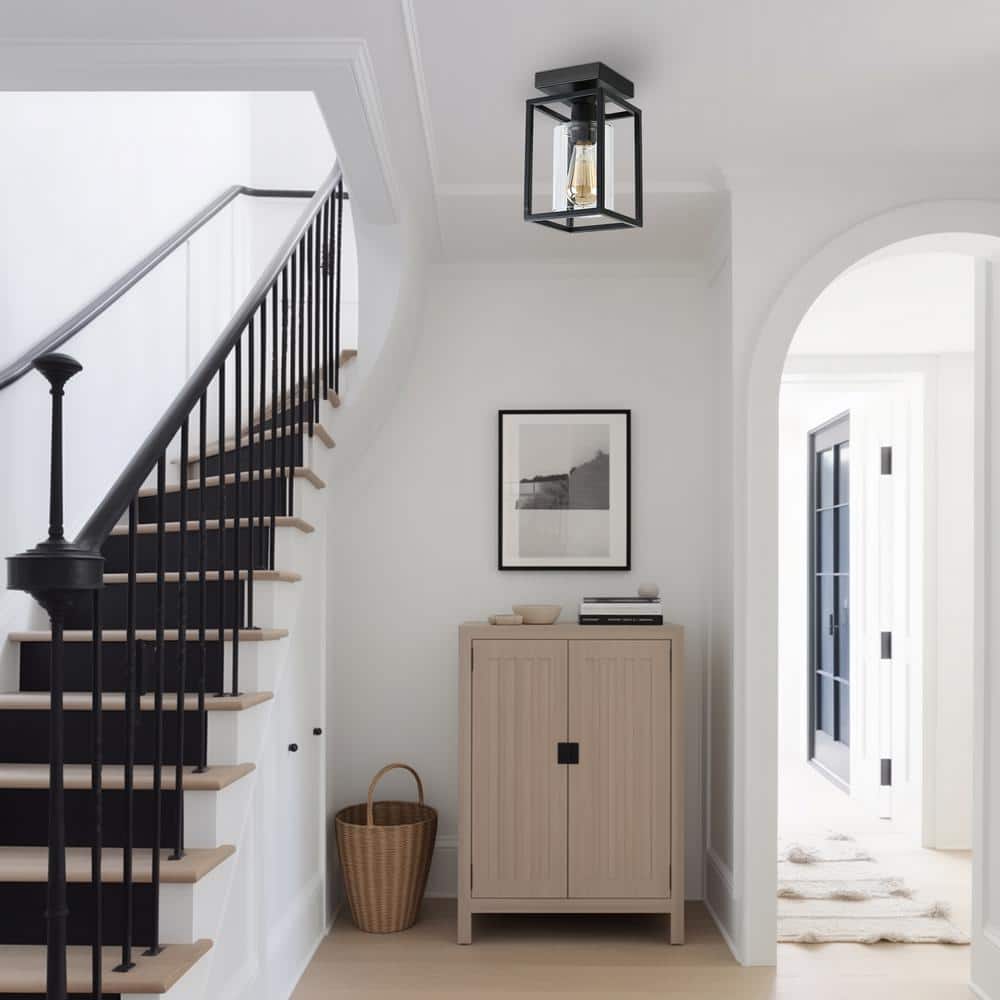 Black Metal Frame Semi-Flush Mount Ceiling Light with Clear Glass Shade