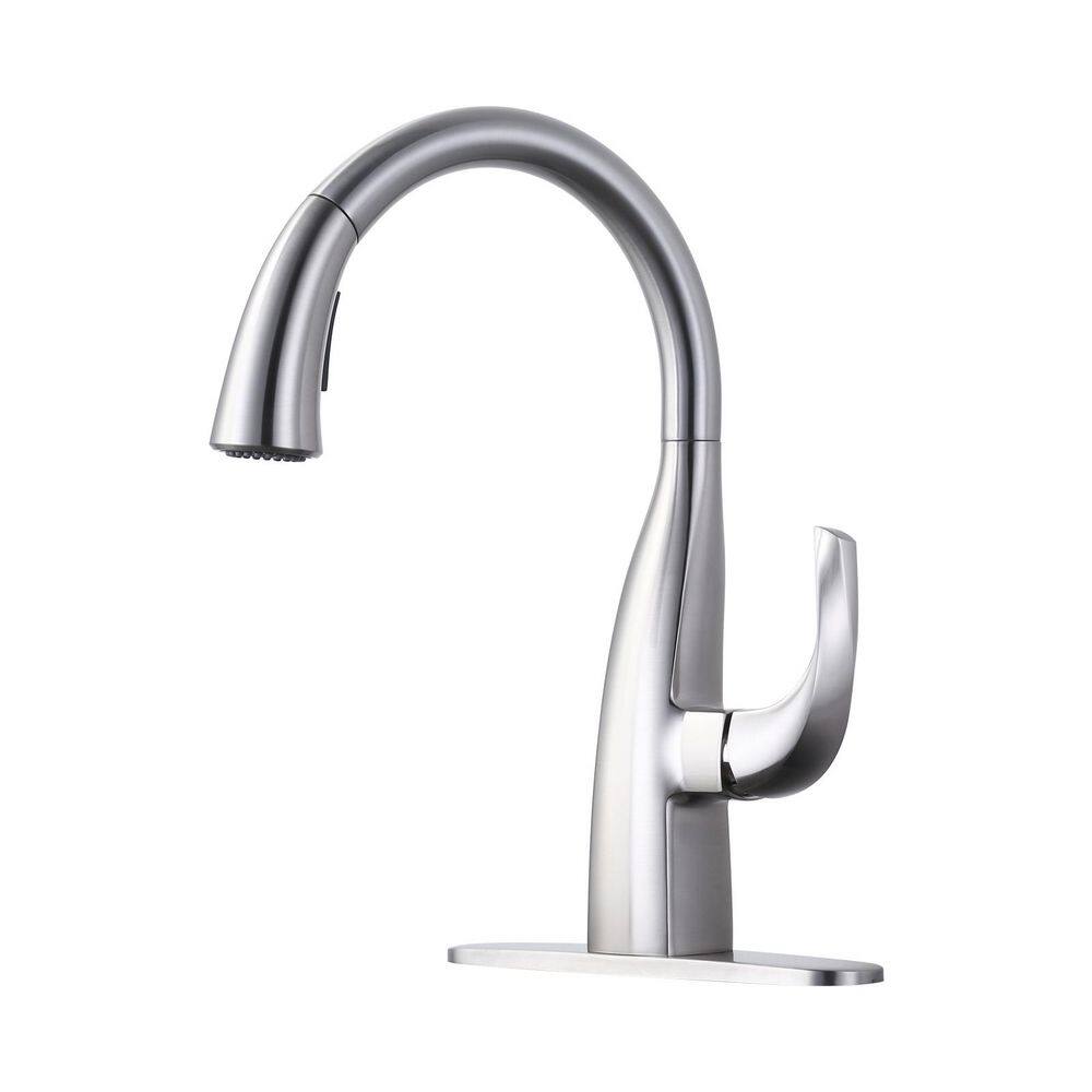 16 in. Single Handle Gooseneck 360° Swivel Pull-down Sprayer Kitchen Faucet with Deck Plate in Brushed Nickel price history on PriceWatchPro