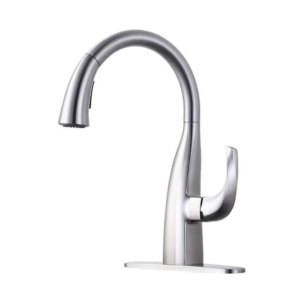 16 in. Single Handle Gooseneck 360° Swivel Pull-down Sprayer Kitchen Faucet with Deck Plate in Brushed Nickel