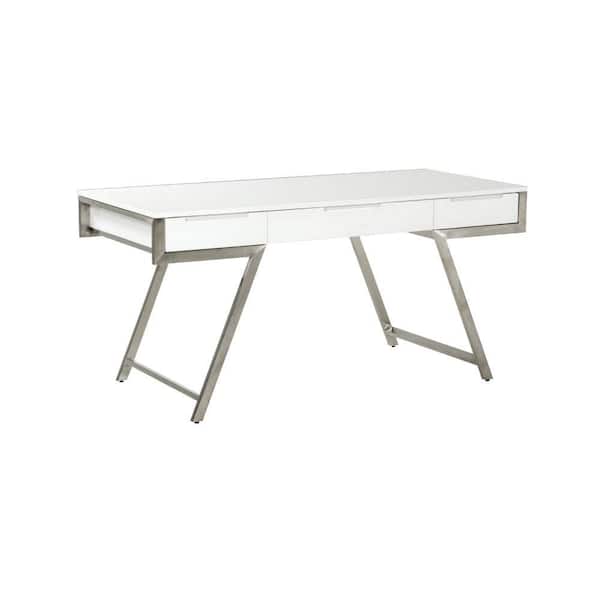 Benjara 63 in. Rectangular White Gloss Wood 1-Drawer Writing Desk with Chrome Metal Frame