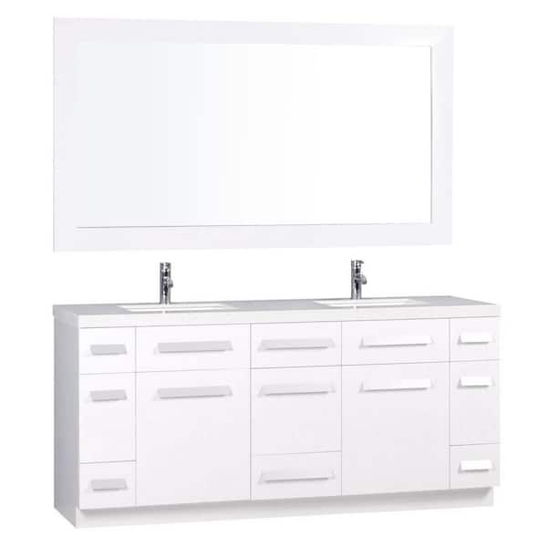 Design Element Moscony 72 in. W x 22 in. D Double Vanity in White with Marble Vanity Top in White Quartz and Matching Mirror in White