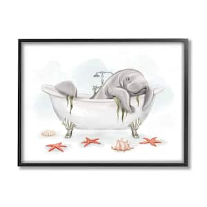 Manatee Sea Life Swimming Bathtub Bathroom Painting Design by Ziwei Li Framed Typography Art Print 30 in. x 24 in.