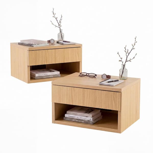 Ettore 15.71 in. Floating Wall Mounted Nightstand with Soft-Close Drawer and Cable Hole, Light Oak (Set of 2)