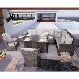 7 -Piece Gray Wicker Outdoor Sectional Conversational Sofa Set With Gas Firepit, Ice Container Table and Gray Cushions