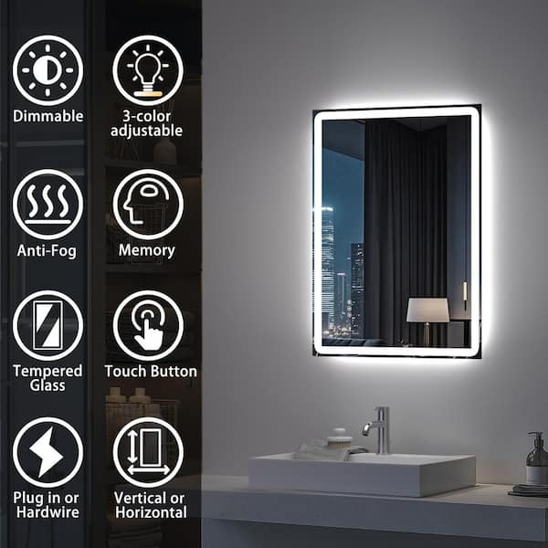 20 in. W x 28 in. H Modern Rectangular Frameless LED Front Lighted Anti-Fog Tempered Glass Wall Bathroom Vanity Mirror