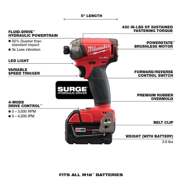 Milwaukee - M18 FUEL SURGE 18V Lithium-Ion Brushless Cordless 1/4 in. Hex Impact Driver with XC 5.0 Ah Battery