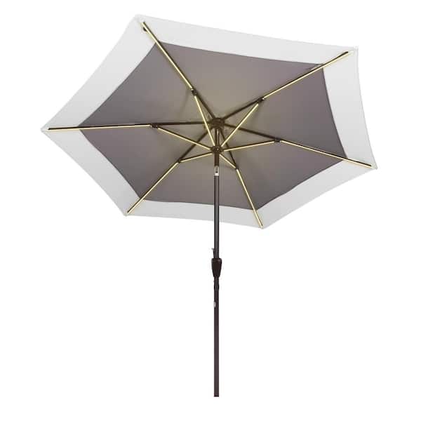 JONATHAN Y Spencer 9 ft. 2-Tone Solar LED Market Patio Umbrella with 12 LED Strip Lights, Auto-Tilt, and Crank in Gray/White