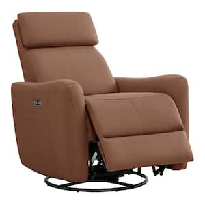 Diggory Saddle Brown Leather Power Swivel Glider Recliner Chair with Metal Frame for Living Room and Bedroom