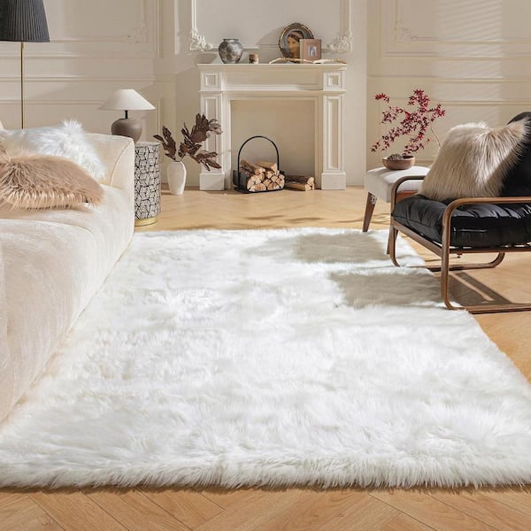 White 4 ft. x 6 ft. Fluffy Fuzzy Plush Faux Fur Rug Area Rug