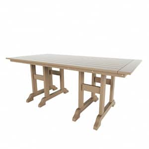 Hayes 71 in. All Weather HDPE Plastic Outdoor Dining Rectangle Trestle Table with Umbrella Hole in Weathered Wood